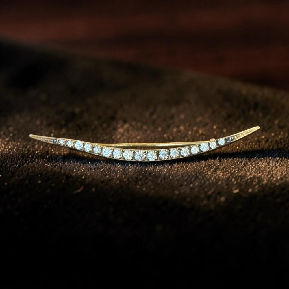 Antique Art Deco Rhinestone Crescent Brooch Sweeping Moon Gold Tone Glam Pin